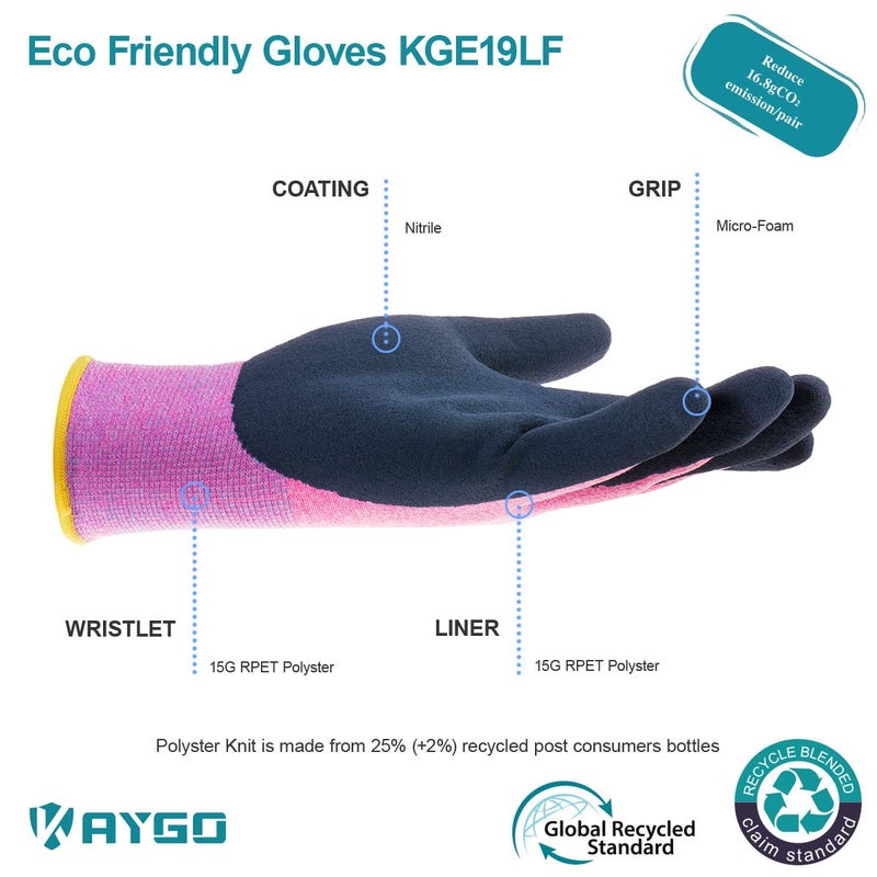 KAYGO Work Gloves for Women KGE19L Eco Friendly Gloves with Breathable Rubber Coated, 12 Pairs,small,pink, - Image 2